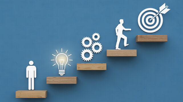 Business process steps illustration showing silhouette man icon climbing wooden stairs toward goal target with light bulb and gears symbols on blue background for career progress.