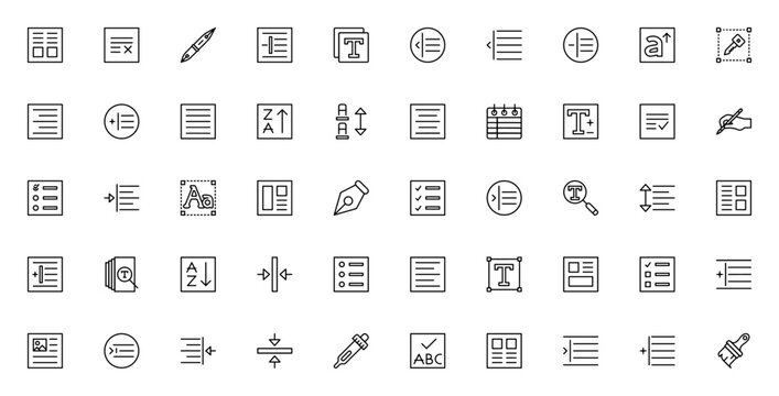 Text Formatting icon set. Minimal line vector icons. Includes symbols for align, delete, add, sort, uppercase, lowercase, handwriting, calligraphy, pen, brush, spell, lock, search and more. Editable s