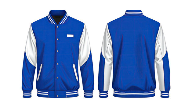 Blue letterman jacket, white sleeves, front & back views. Isolated