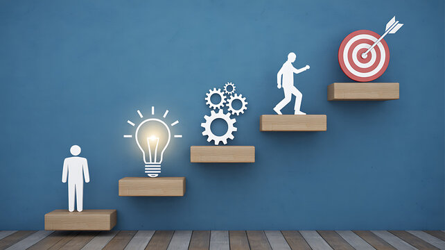 Conceptual roadmap for success featuring paper cut icons of person climbing stairs toward bullseye target with lightbulb and mechanical gears on blue wall over parquet wood floor.