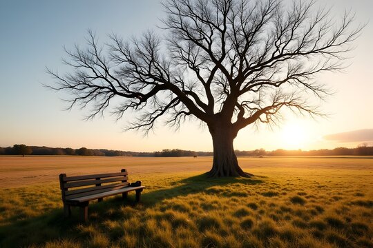 Trauer unter altem Baum mit leerer Bank im Abendlicht