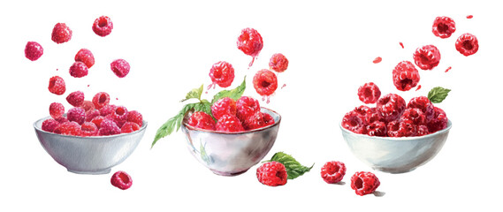 Fresh raspberries falling into three bowls, creating a vibrant watercolor illustration of healthy berry ingredients and summer fruit dessert preparation © Mari