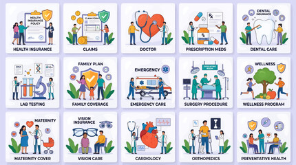 Fototapeta premium Set of fifteen flat vector illustrations depicting medical services, including health insurance, claims, doctor consultation, prescription meds, dental care, lab testing, family coverage, emergency