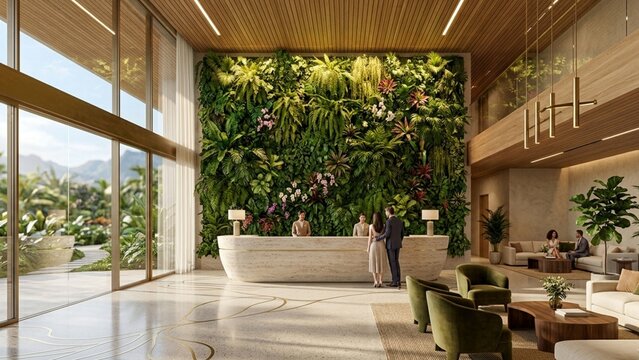 Biophilic Luxury Hotel Reception Lobby Render, Eco Friendly Interior Design with Living Green Wall, Travertine Counter and Natural Terrazzo Floor