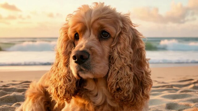 american cocker spaniel close up on united states beach in morning light video 4K
