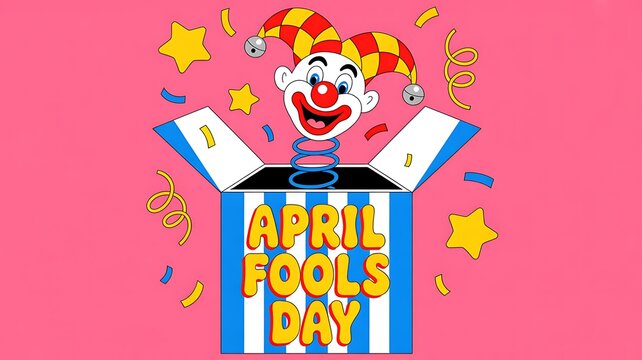 April Fools Day Jack in the Box Clown Illustration on Bright Pink Festive Background