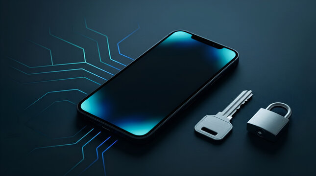 CBDC wallet security concept with blank smartphone, key, lock, and data lines for digital identity, cybersecurity, mobile payments, and fintech campaigns.