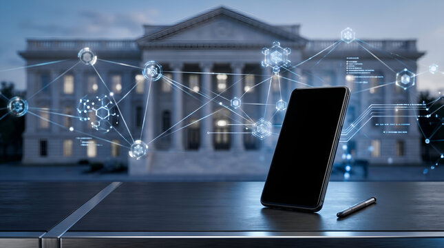 Generic CBDC payment concept with central bank silhouette, blank smartphone, and encrypted transaction lines for fintech ads, policy reports, and education.