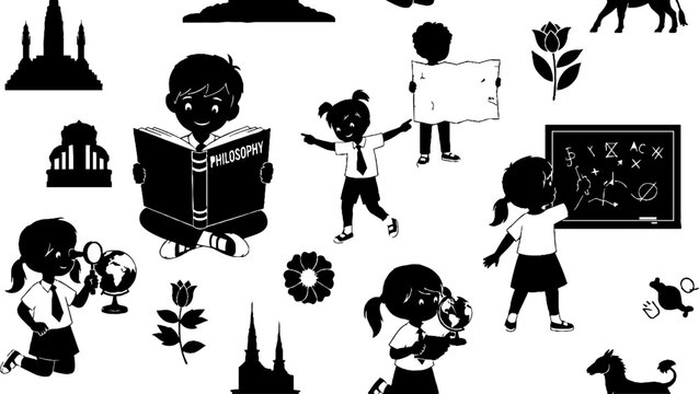 Cute black silhouette illustrations of children learning and playing.
