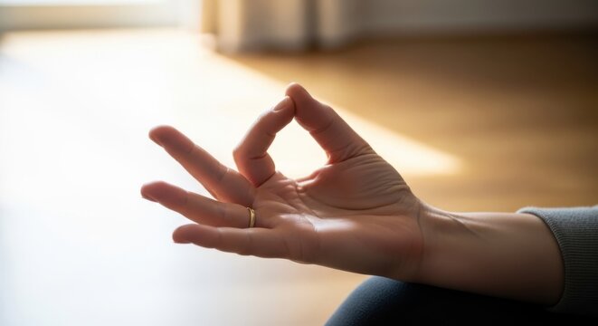 Close-up of a hand performing a mudra gesture for meditation and mindfulness in a bright, natural setting.