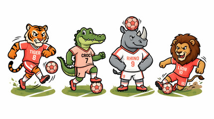 Cute Cartoon Animal Soccer Players Team: Tiger, Crocodile, Rhino, Lion Playing Football on Green Grass Field, Vector Illustration © Rengga Entertainment
