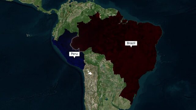 Satellite map animation of the border between Brazil and Peru highlighting South American geography