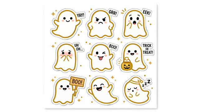 Cute Ghost Character Stickers with Halloween Expressions, Flat Vector Illustrations for Spooky Fun, Including Pumpkin and Boo Signs