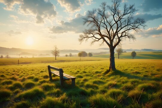 Trauer bei altem Baum mit Bank in sonniger Landschaft