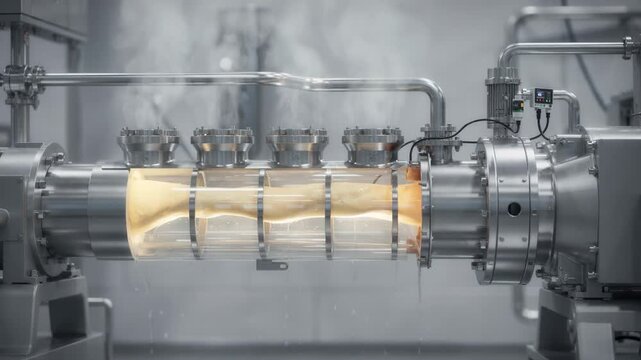 Medium shot focusing on a vented barrel extrusion system where gas evacuation improves polymer quality and reduces energy use during reactive extrusion