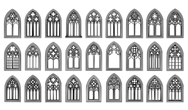 Vintage gothic church arch vector illustrations with cathedral stained glass window silhouettes