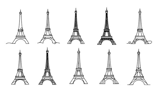 Minimal Eiffel Tower outline vector set with artistic Paris line drawing variations