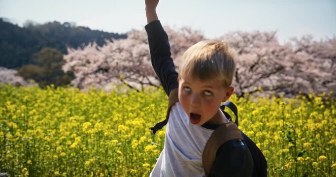Cute little boy doing silly dance in front of yellow flowers and cherry blossoms - medium, slow motion shot