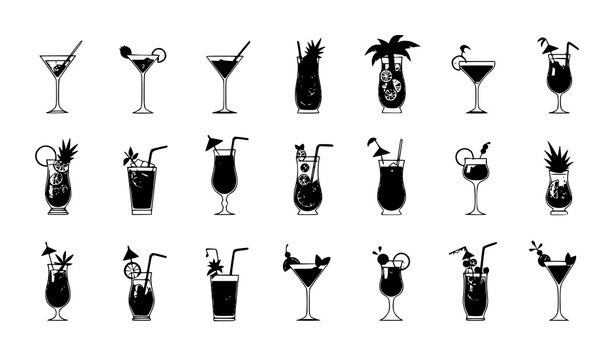 Flat cocktail beverage vector set with tropical drinks and elegant bar glass illustrations