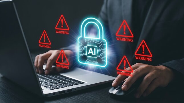 Person in suit using laptop with artificial intelligence padlock icon and multiple warning symbols indicating cyber security risks and critical data threats for online systems.