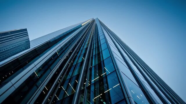 Modern skyscraper with glass facade against clear blue sky