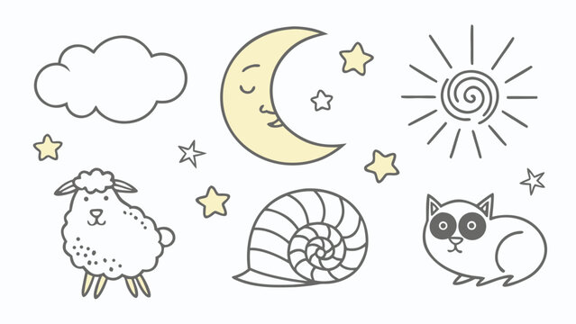 Vector illustration of whimsical night sky elements with sheep cat moon and stars doodle set, handdrawn