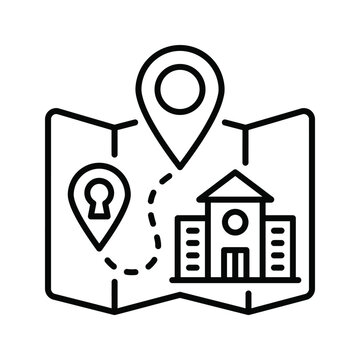 School location map line icon. University campus GPS navigation vector symbol
