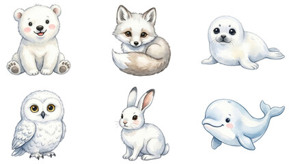 Naklejka premium cute polar animals bear fox seal and owl watercolor clipart set