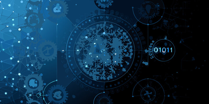 Gear and binary code pattern on a dark blue background