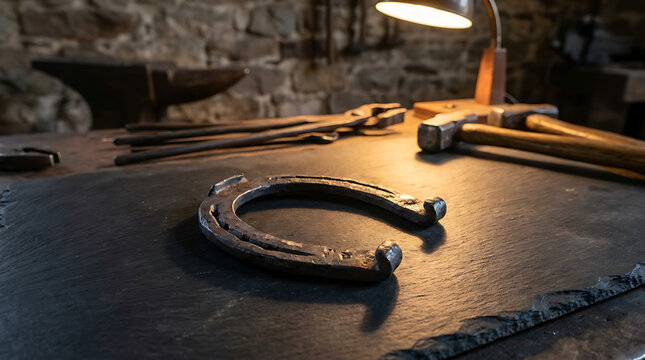 Rustic horseshoe resting on dark slate surface with warm sunlight casting shadows in workshop setting