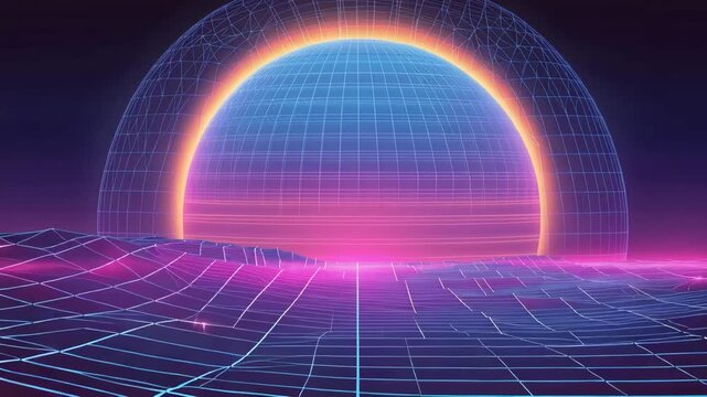 Retro Futuristic Digital Sunset Landscape Neon Synthwave Aesthetic