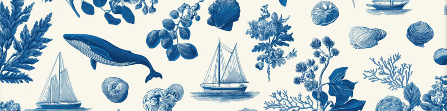Blue white nautical toile pattern featuring whale sailboat shells coral botanical engravings.