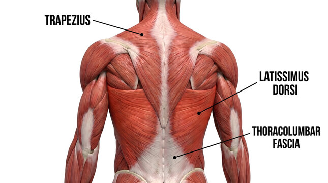 An anatomical illustration of the human back muscles, highlighting the trapezius, latissimus dorsi, and thoracolumbar fascia