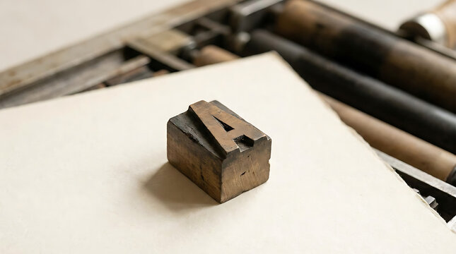 Close-up of antique movable type block on vintage newspaper with soft natural light