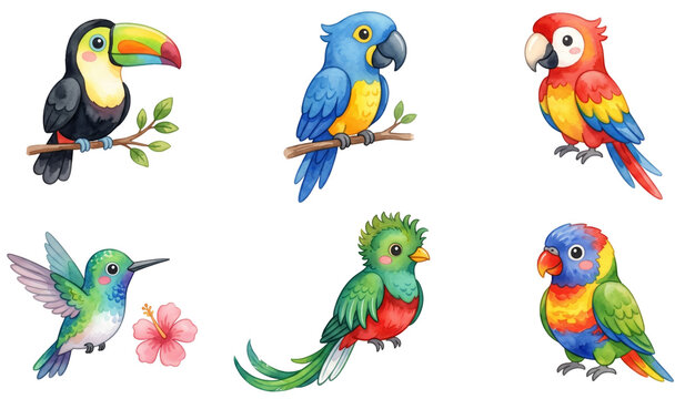 cute tropical birds parrot toucan and hummingbird watercolor clipart set
