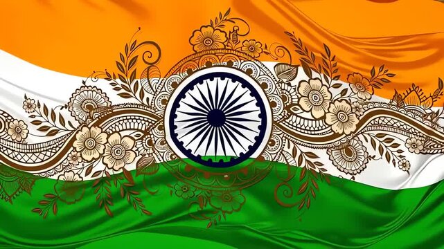 Indian flag with intricate floral patterns and Ashoka Chakra