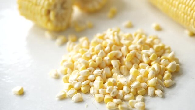 Fresh yellow sweet corn cut into sections with loose kernels scattered on a white surface, showcasing a natural and nutritious ingredient ready for cooking or consumption