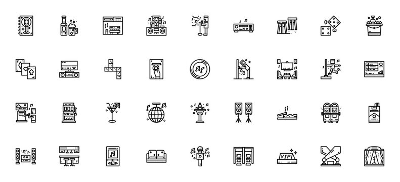 Karaoke icon set. Thin line icons. Includes DJ, VIP, Ice, Bar, Menu, Beer, Dice, Song, Room, List, Sofa, Radio, Poker, Coins, Vomit, Stage, Table, Singer, Chairs, Domino, Karaoke and more.