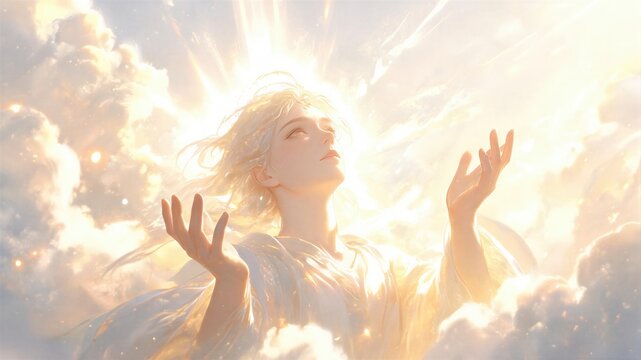 Woman rising into divine light in the sky. Ascension Day religious concept depicting spiritual elevation. Heavenly clouds with ethereal radiance for Christian holiday celebration.