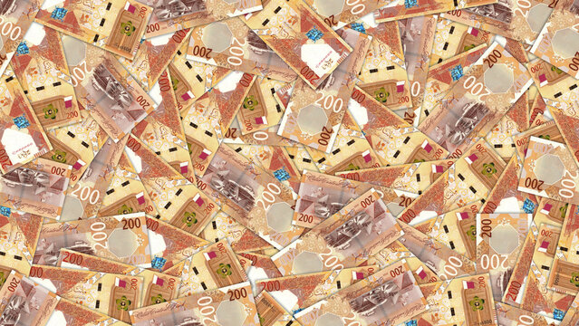 Seamless pattern. Financial illustration. Many scattered qatari 200 riyal banknotes. Obverse and reverse. Money of State of Qatar. Bills of two hundred riyals. Economic texture. Wallpaper background