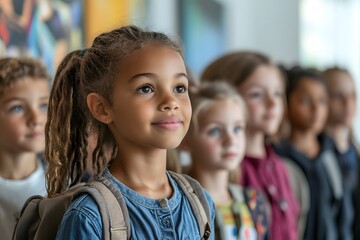 Fototapeta premium Young girl with a backpack stands in front of her classmates in a classroom setting.