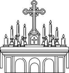 Fototapeta premium Hand Drawn Christian Church Altar with Ornamental Cross and Candles Vector Illustration