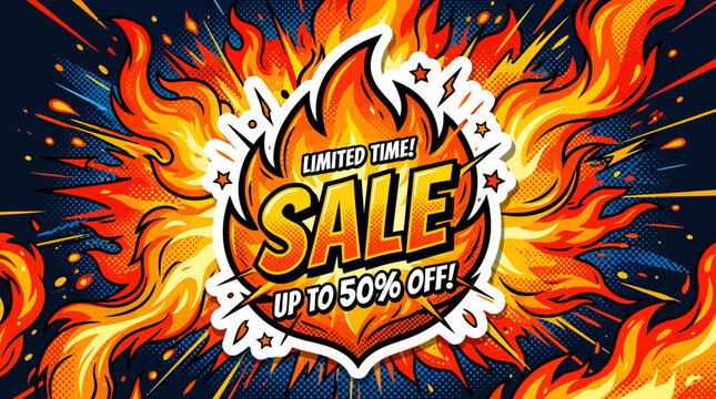 Vibrant sale advertisement with flames and discounts in a promotional setting
