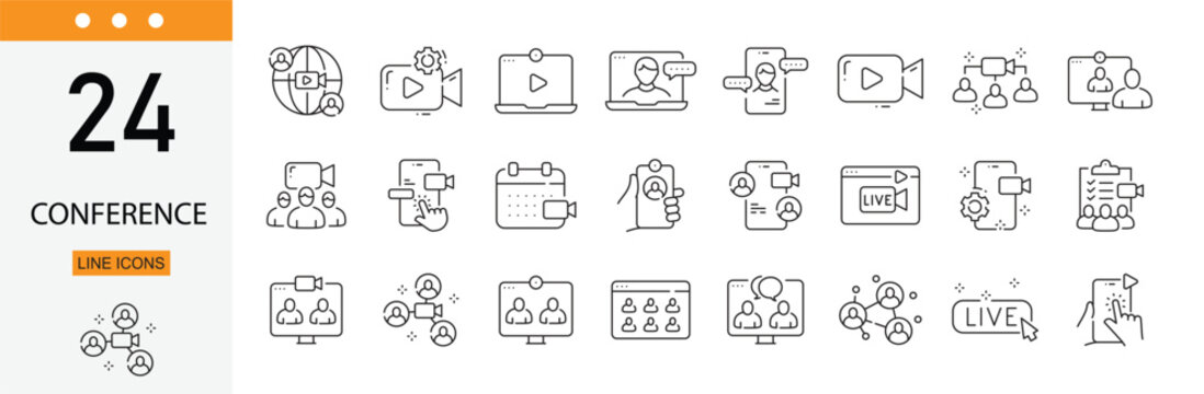 Conference icons set representing business meetings, presentations, seminars, discussions, teamwork, corporate communication and professional events. Editable Stroke.