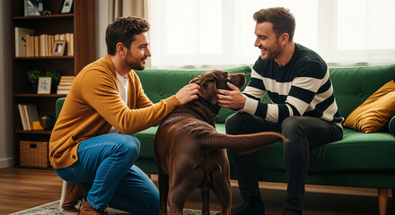 Obraz premium Two men interact affectionately with a dog on a green sofa, symbolizing companionship, home, and domestic bliss