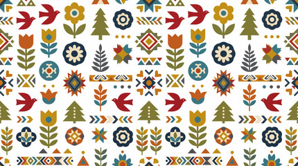 Whimsical botanical pattern with colorful leaves flowers birds and seasonal ornaments. © izzstudio
