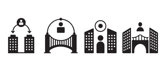 Fototapeta premium Set of Business and Architecture Icons Featuring People and Buildings in a Minimalist Flat Style.