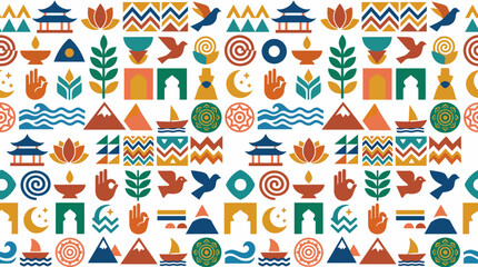 Colorful nautical pattern featuring boats anchors lighthouses and waves for decorative design and textiles. © izzstudio