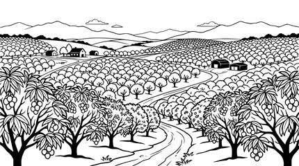 Fototapeta premium Orchard landscape with fruit trees and rolling hills line art illustration