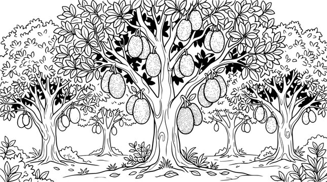 Jackfruit Tree Orchard Coloring Page with Hanging Tropical Fruits